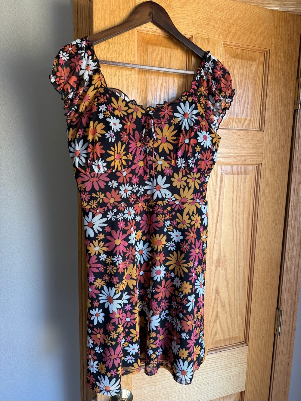 No Boundaries Floral Mesh Mini Dress XXL 19 Retro 70s Daisy Milkmaid Smocked